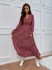 Breezaya All Over Print Flounce Sleeve Shirred Dress - Red - View 4