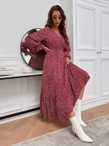 Breezaya All Over Print Flounce Sleeve Shirred Dress - Red - View 5