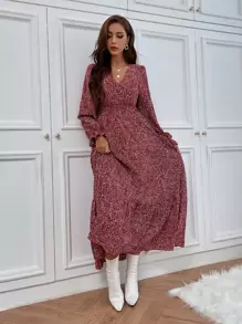 Breezaya All Over Print Flounce Sleeve Shirred Dress - Red - View 6