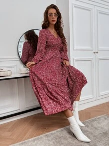 Breezaya All Over Print Flounce Sleeve Shirred Dress - Red - View 7