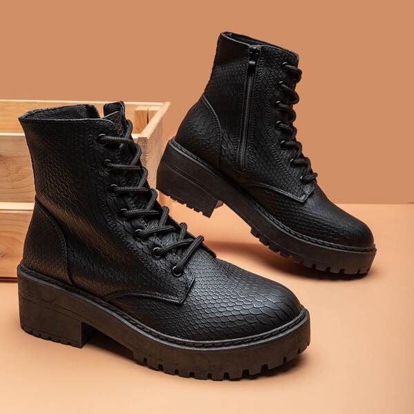 

Snakeskin lace-up Front Combat Boots, Black