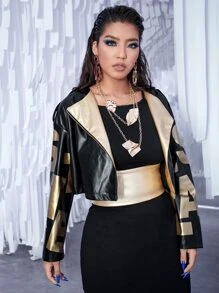 SHEIN ICON Plus Letter Graphic Zip Up PU Leather Moto Jacket