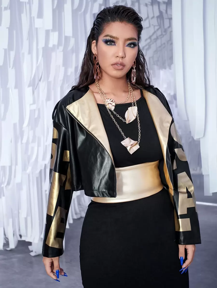 SHEIN ICON Plus Letter Graphic Zip Up PU Leather Moto Jacket