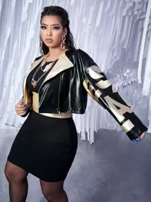 SHEIN ICON Plus Letter Graphic Zip Up PU Leather Moto Jacket