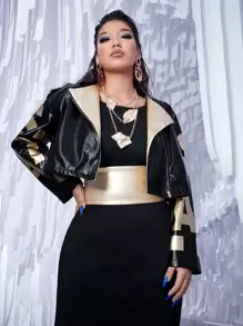 SHEIN ICON Plus Letter Graphic Zip Up PU Leather Moto Jacket