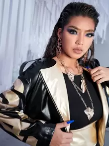 SHEIN ICON Plus Letter Graphic Zip Up PU Leather Moto Jacket