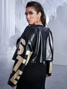SHEIN ICON Plus Letter Graphic Zip Up PU Leather Moto Jacket