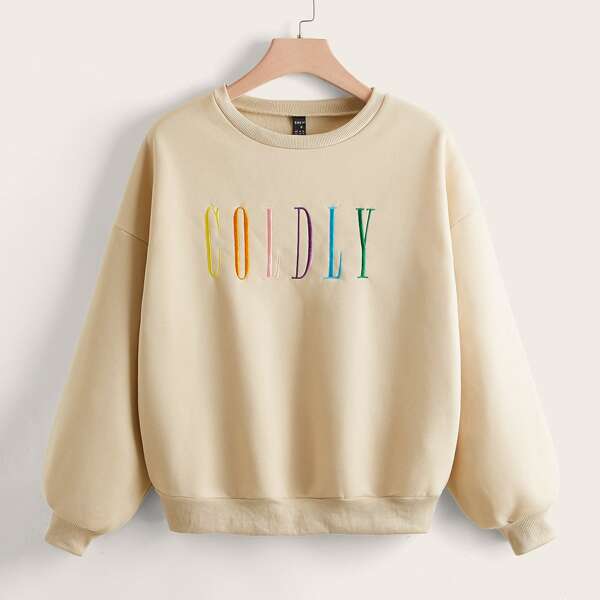 

Plus Letter Embroidery Drop Shoulder Thermal Lined Pullover, Apricot