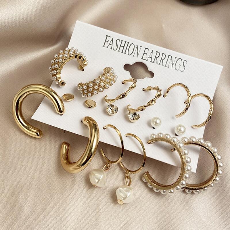 

9pairs Faux Pearl Decor Earrings, Gold
