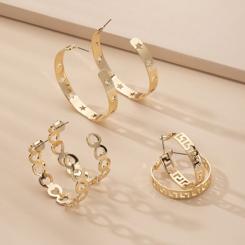 

3pairs Hollow Out Hoop Earrings, Gold