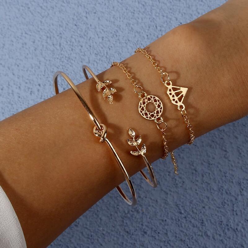 

4pcs Leaf Decor Bracelet, Gold