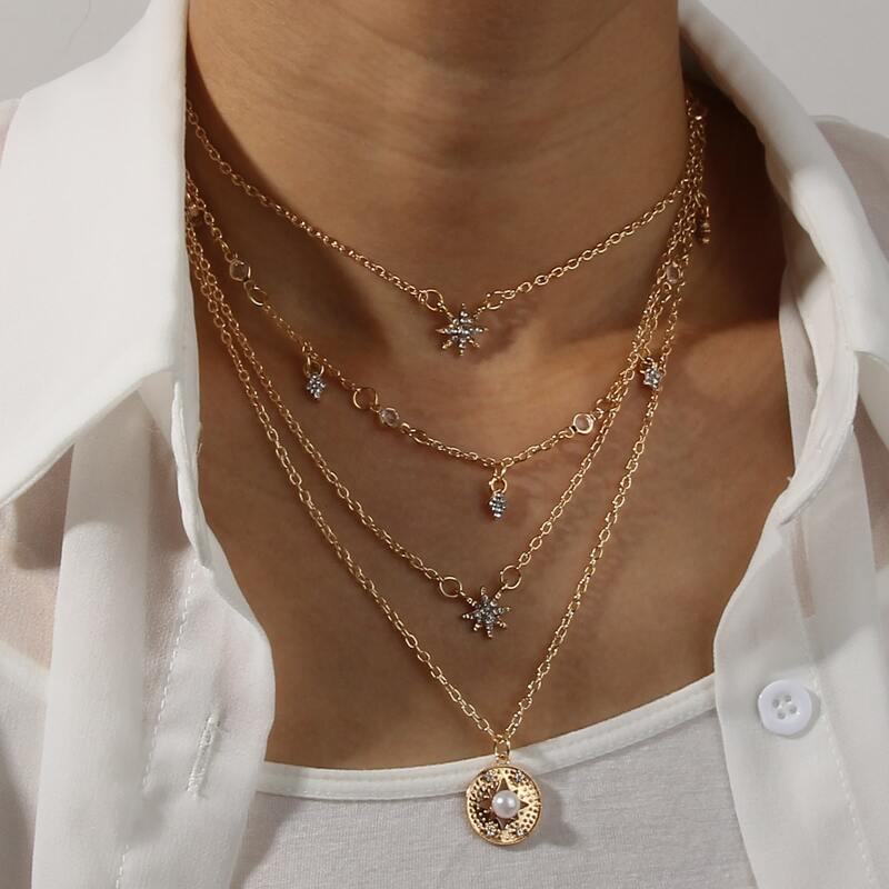 

Faux Pearl Decor Layered Chain Necklace, Gold