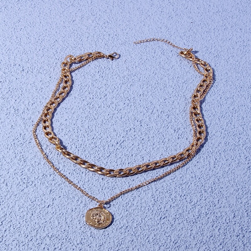 

Figure Engraved Pendant Layered Chain Necklace, Gold