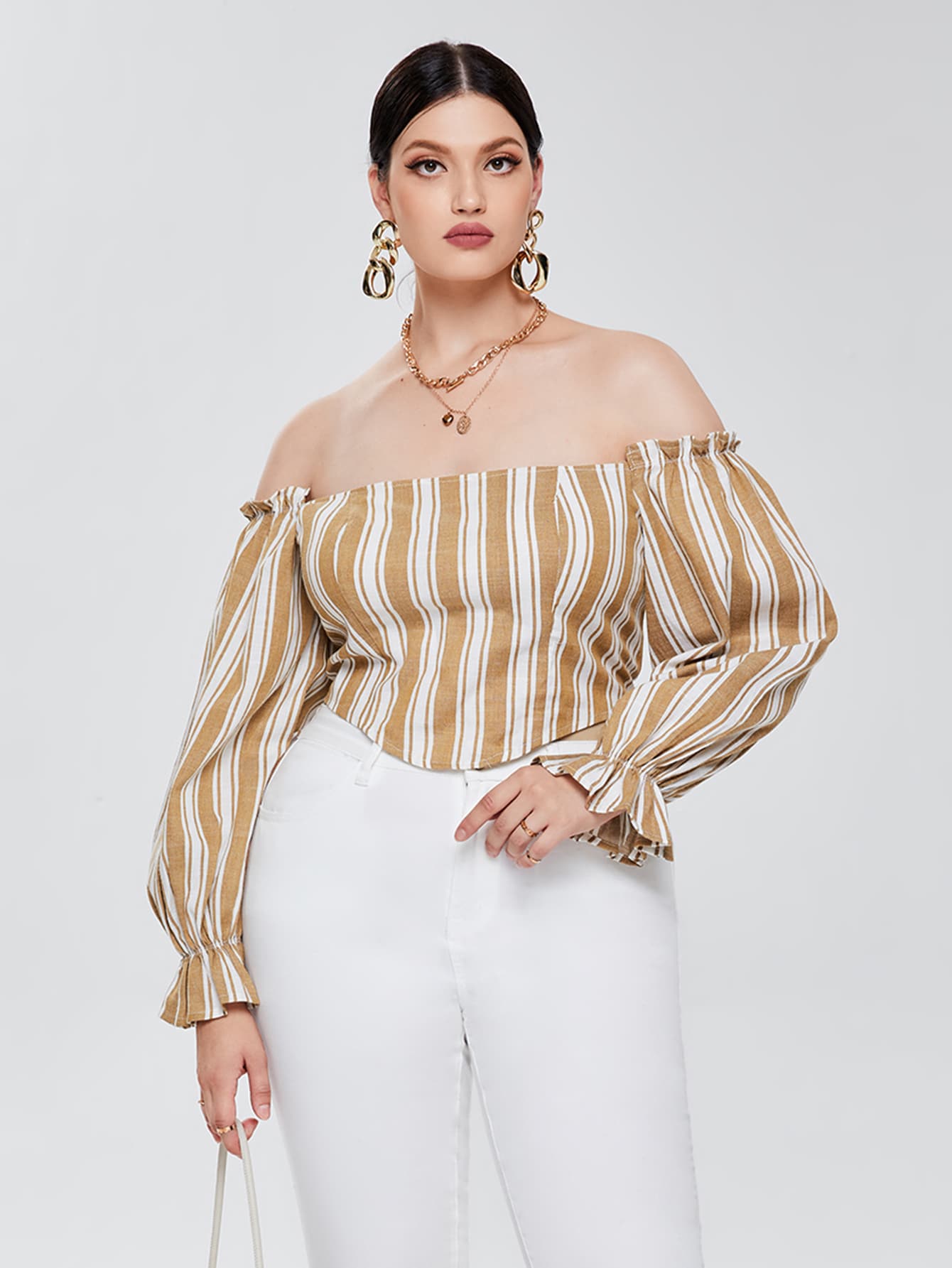 SHEIN Plus Off Shoulder Striped Print Bell Sleeve Top - Multicolor - View 1