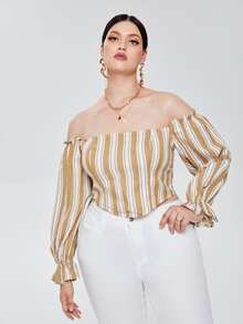 SHEIN Plus Off Shoulder Striped Print Bell Sleeve Top - Multicolor - View 3