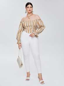 SHEIN Plus Off Shoulder Striped Print Bell Sleeve Top - Multicolor - View 4