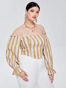 SHEIN Plus Off Shoulder Striped Print Bell Sleeve Top - Multicolor - View 5