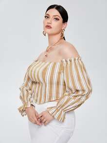 SHEIN Plus Off Shoulder Striped Print Bell Sleeve Top - Multicolor - View 6