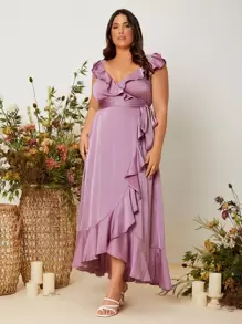 SHEIN Belle 大碼荷葉邊腰帶結飾後伴娘洋裝