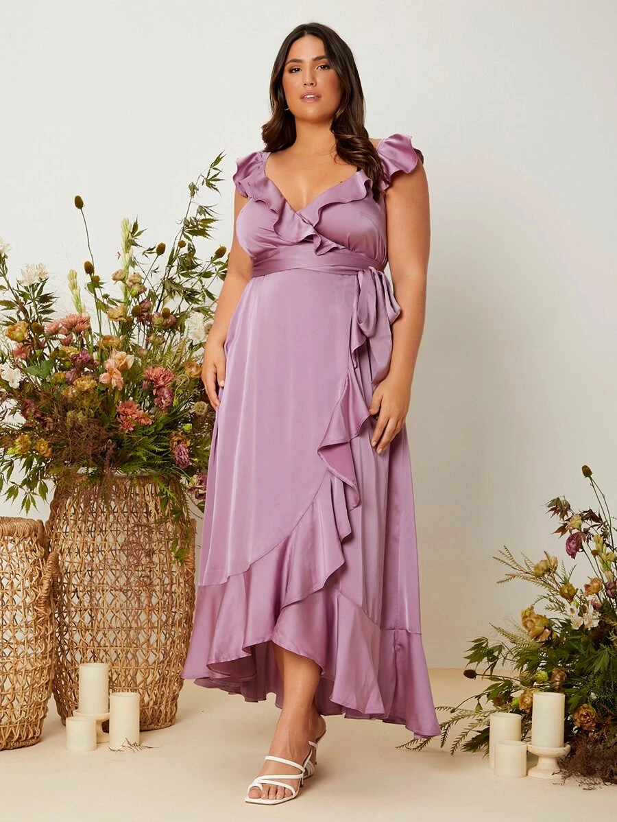 SHEIN Belle 大碼荷葉邊腰帶結飾後伴娘洋裝