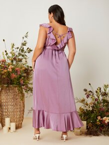 SHEIN Belle 大碼荷葉邊腰帶結飾後伴娘洋裝