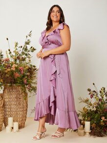 SHEIN Belle 大碼荷葉邊腰帶結飾後伴娘洋裝