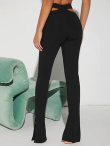 SHEIN Cut Out Waist Split Hem Flare Trousers - Black - View 3