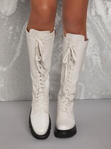 Pleather Thigh-High Lace-Up Zippered Combat Boots - White - View 2