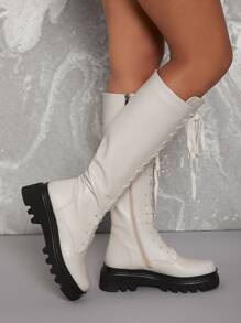 Pleather Thigh-High Lace-Up Zippered Combat Boots - White - View 4