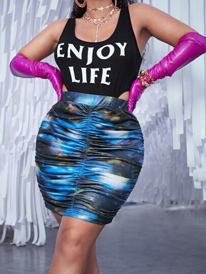 SHEIN ICON Falda ajustada con estampado de galaxia fruncido