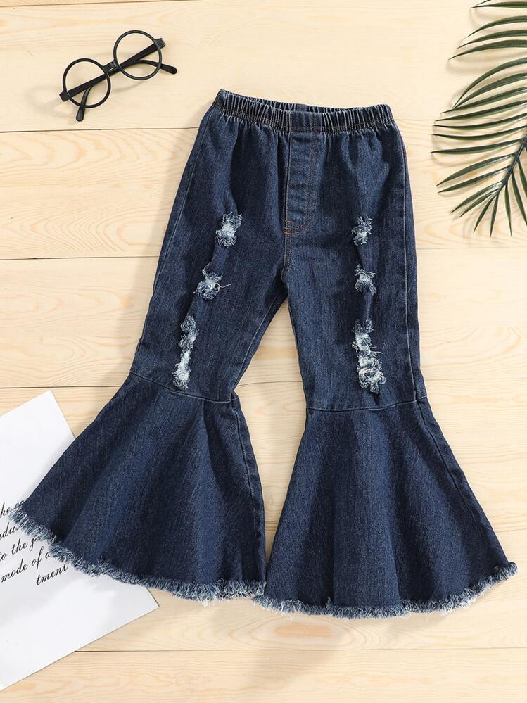 Niñas Jeans de pierna amplia desgarro crudo bajo crudo - Azul lavado oscuro - Ver 1