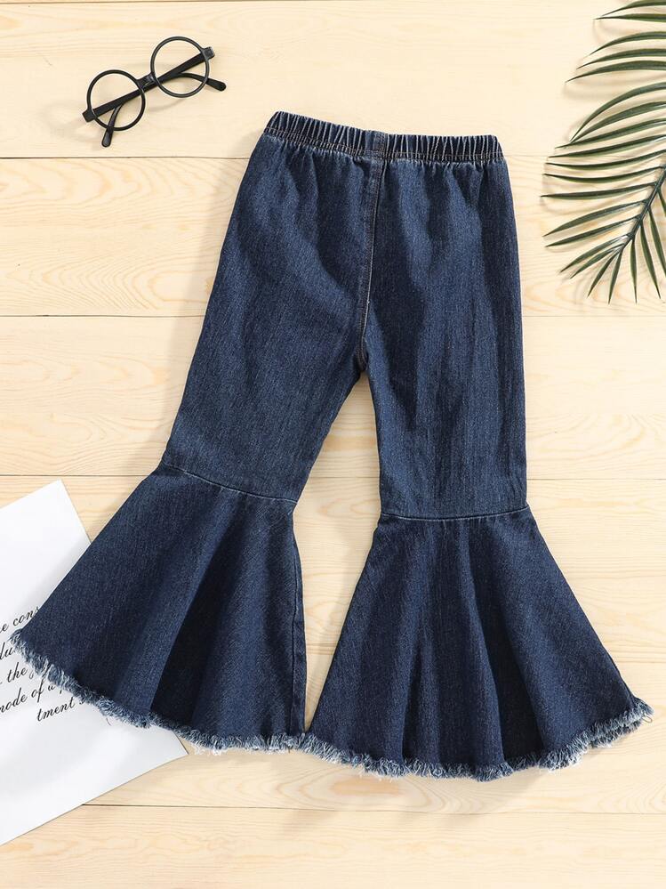 Niñas Jeans de pierna amplia desgarro crudo bajo crudo - Azul lavado oscuro - Ver 2