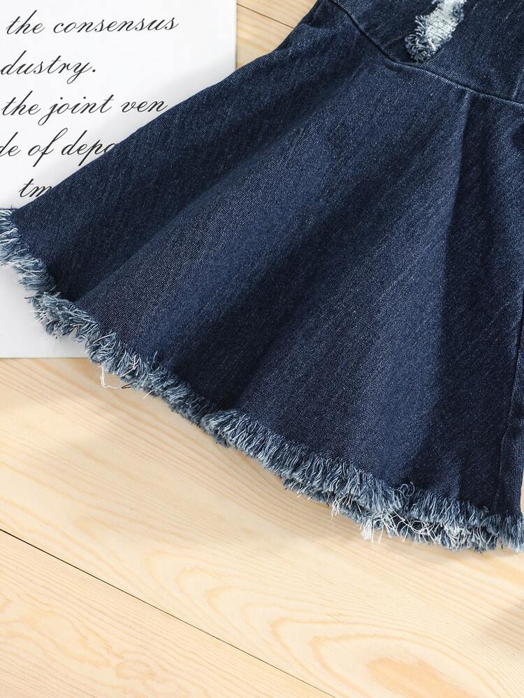 Niñas Jeans de pierna amplia desgarro crudo bajo crudo - Azul lavado oscuro - Ver 3