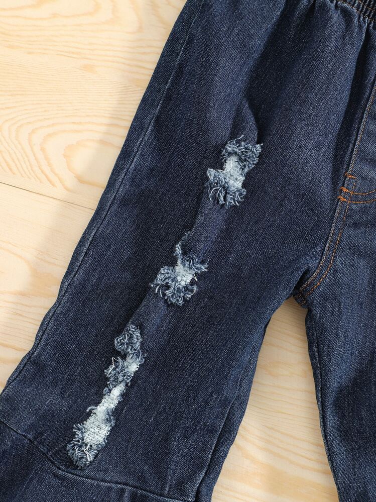 Niñas Jeans de pierna amplia desgarro crudo bajo crudo - Azul lavado oscuro - Ver 4