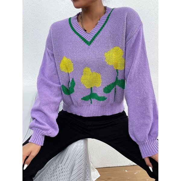 

Floral Pattern Drop Shoulder Sweater, Lilac purple