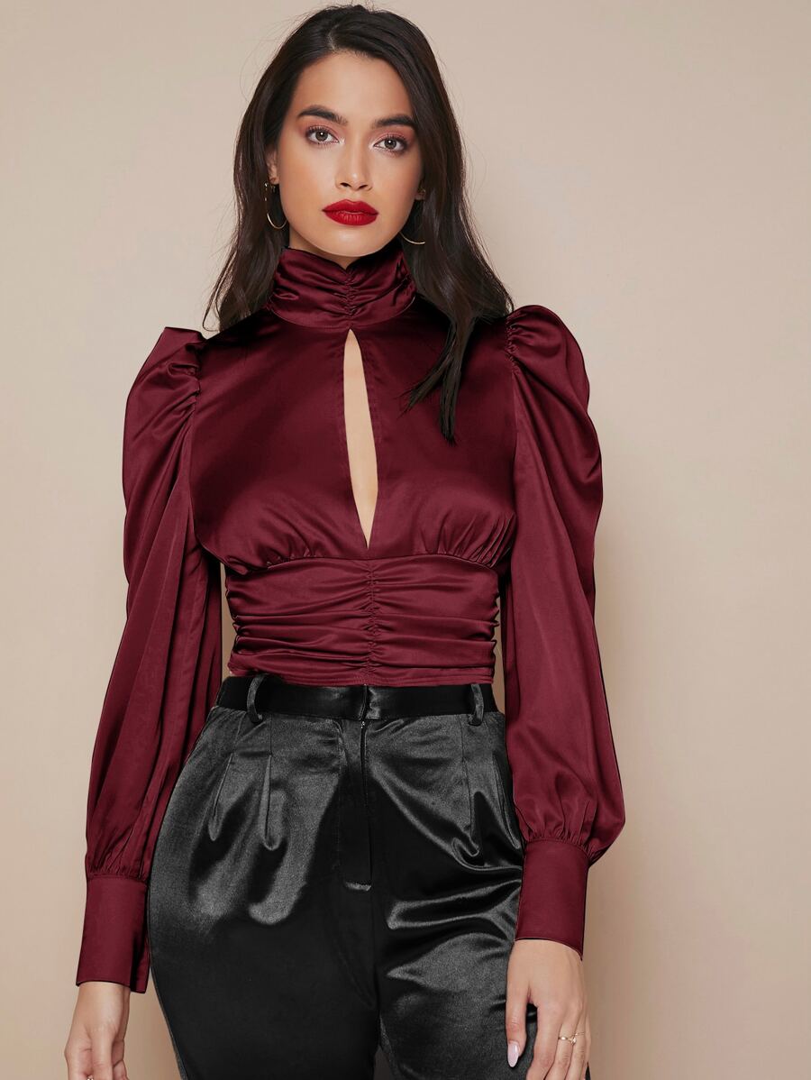 SHEIN Cut Out Front Lantern Sleeve Satin Top - Maroon - View 1