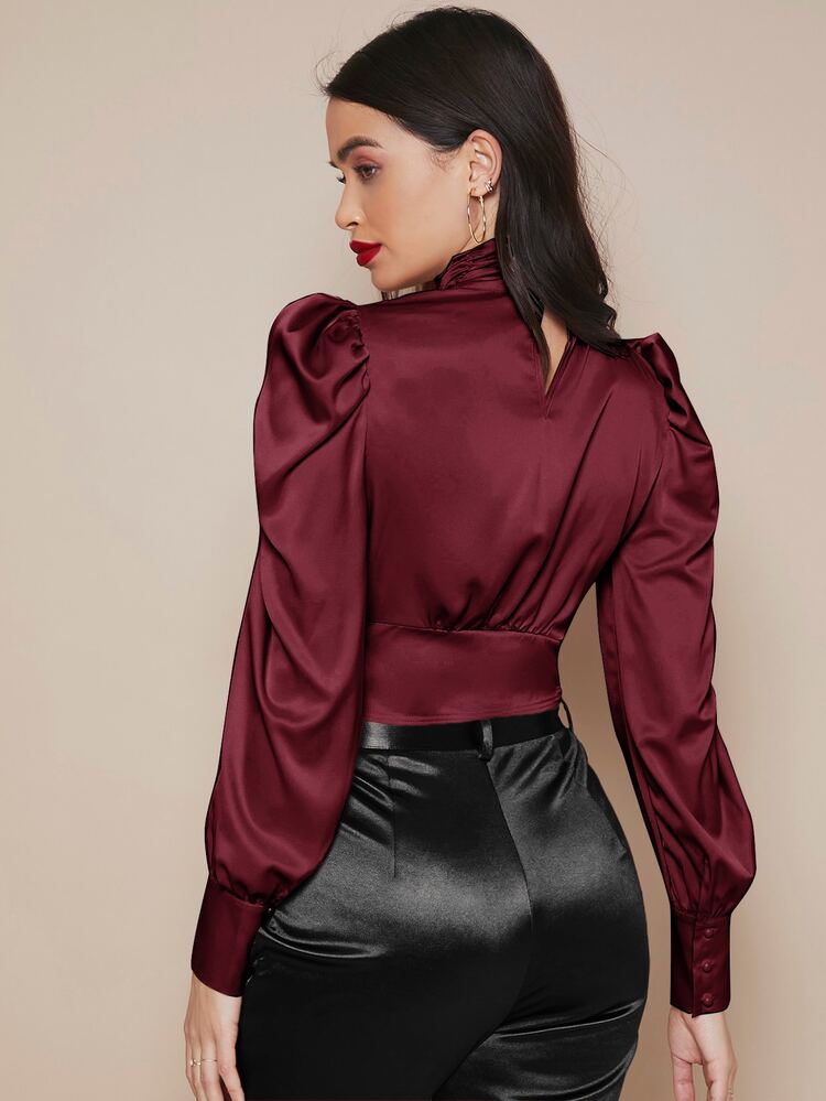 SHEIN Cut Out Front Lantern Sleeve Satin Top - Maroon - View 2
