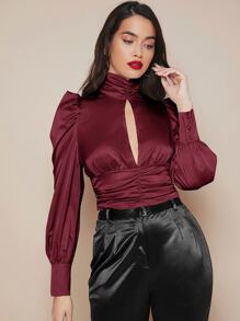 SHEIN Cut Out Front Lantern Sleeve Satin Top - Maroon - View 3