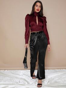 SHEIN Cut Out Front Lantern Sleeve Satin Top - Maroon - View 4