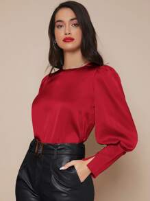 SHEIN Privé Buttoned Cuff Lantern Sleeve Satin Top - Red - View 1