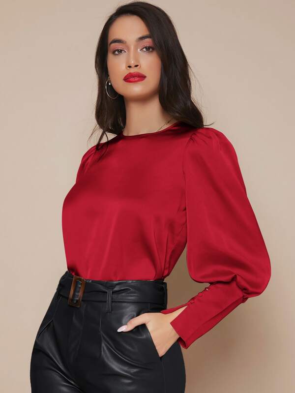 SHEIN Privé Buttoned Cuff Lantern Sleeve Satin Top
