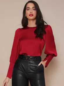 SHEIN Privé Buttoned Cuff Lantern Sleeve Satin Top - Red - View 4