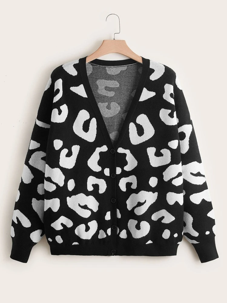 Plus Allover Pattern Drop Shoulder Cardigan - Black and White - View 1