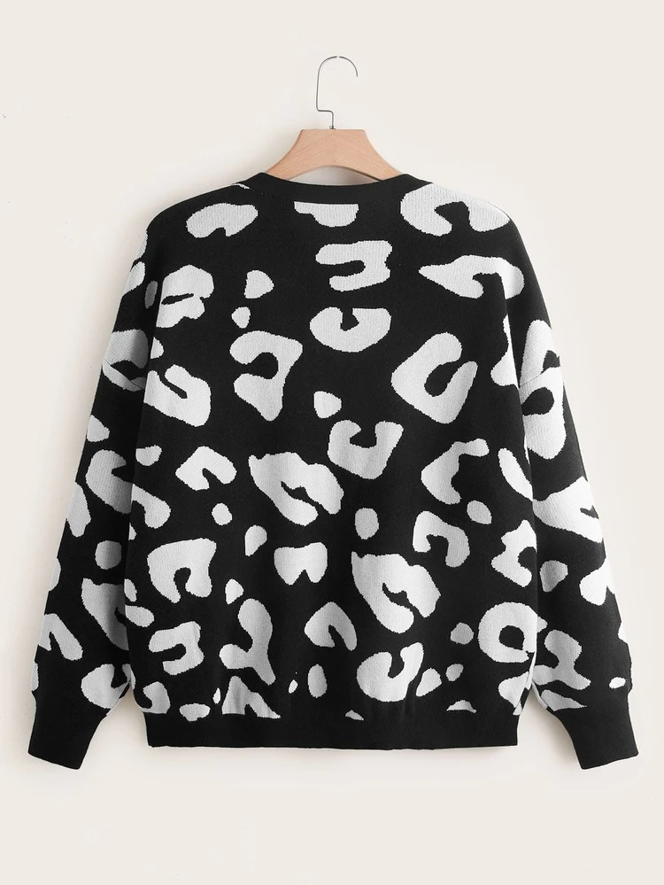 Plus Allover Pattern Drop Shoulder Cardigan - Black and White - View 2