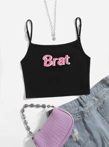 SHEIN EZwear Áo hai dây Gân đan Lá thư Gợi cảm - màu đen - Xem 2