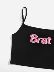 SHEIN EZwear Áo hai dây Gân đan Lá thư Gợi cảm - màu đen - Xem 4