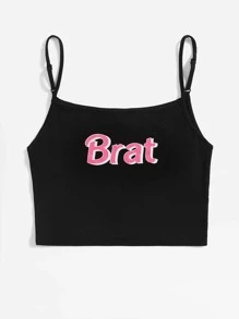 SHEIN EZwear Áo hai dây Gân đan Lá thư Gợi cảm - màu đen - Xem 5