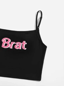 SHEIN EZwear Áo hai dây Gân đan Lá thư Gợi cảm - màu đen - Xem 6