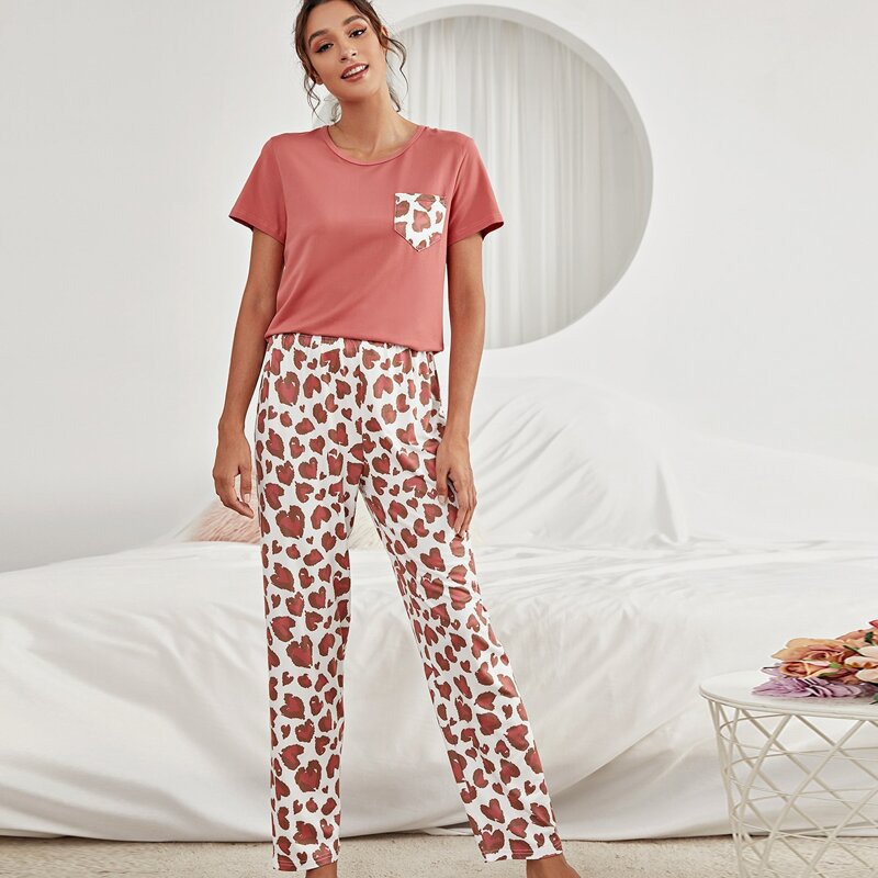 

Graphic Print Pocket Patched PJ Set, Multicolor