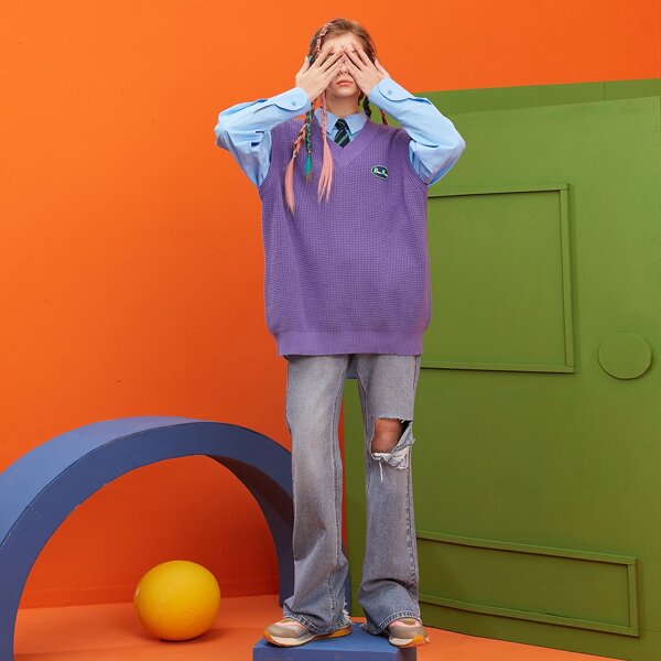 

Patched Detail Sweater Vest Without Blouse, Violet purple